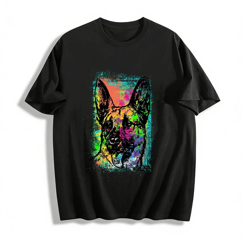 

Colorful German Shepherd Graphic Casual Short Sleeve Tee Pure cotton T-shirt XXS