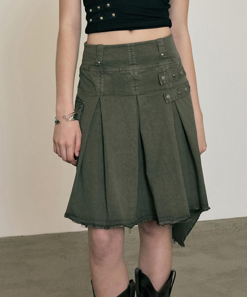 No Extra Touch Dyed Snap Stud Midi Skirt (Khaki) / 26Smsk001Kh