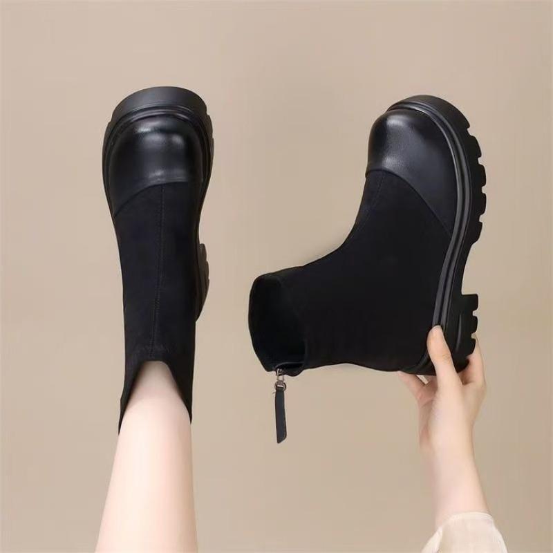Retro thick heel elastic thin short boots women's winter new heightened velvet rear zipper Martin boots