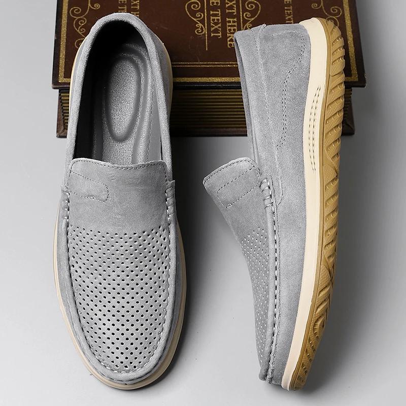 Fashion Men Shoes Luxury Cowhide Suede Casual Shoes Breathable Hollow Leather Shoe Classics Men Loafers Comfort Soft Soled Driving Oes
