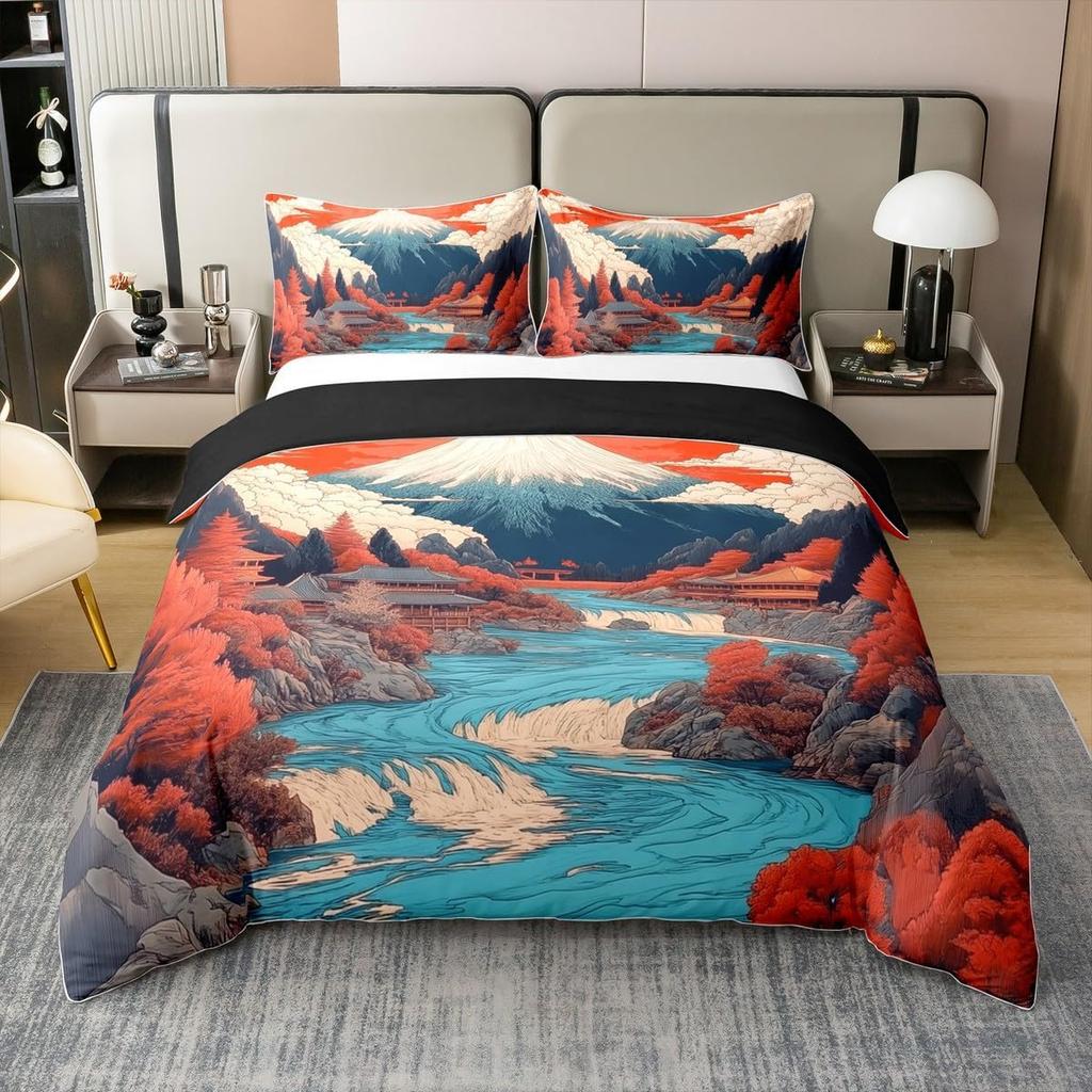 Comforter Hand-Painted Style Queen King Size Japanese Style Forest Mountain Bedding Set 3 Pcs With 2 S No Quilt