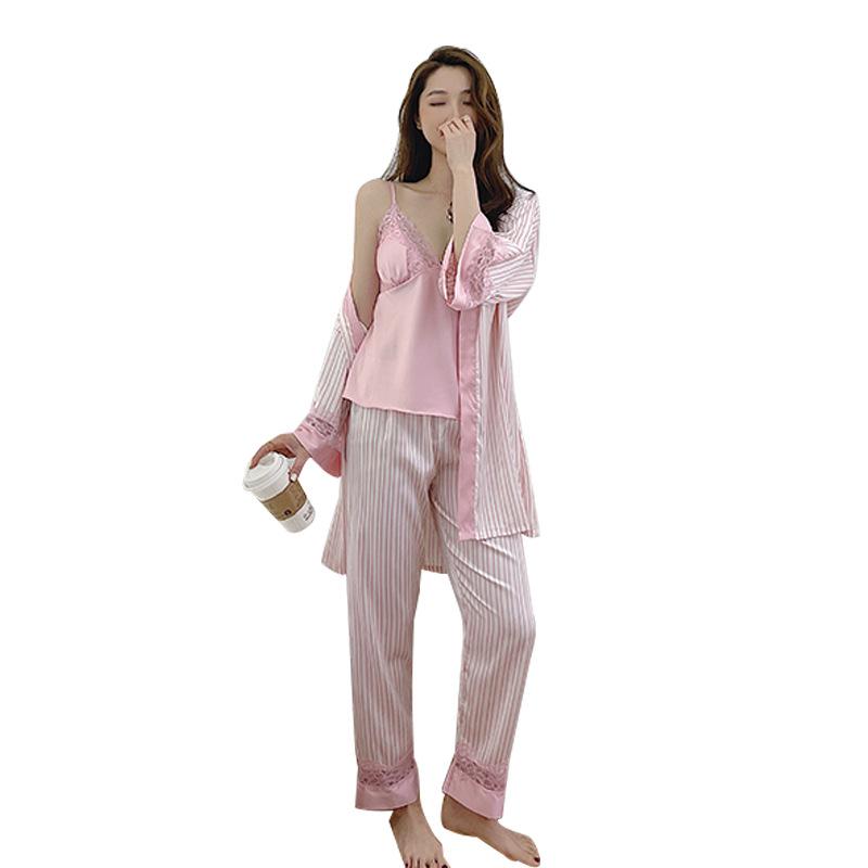 1011 spring and summer three-piece pajamas, cardigan sexy women's loungewear, long-sleeved thin comfortable and breathable pajamas