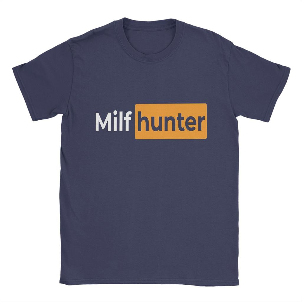 Cool Or Funny Men's T Shirts   Milf hunter Sticker Novelty Tees Short Sleeve O Neck T-Shirts Pure Cotton Gift Idea Clothing