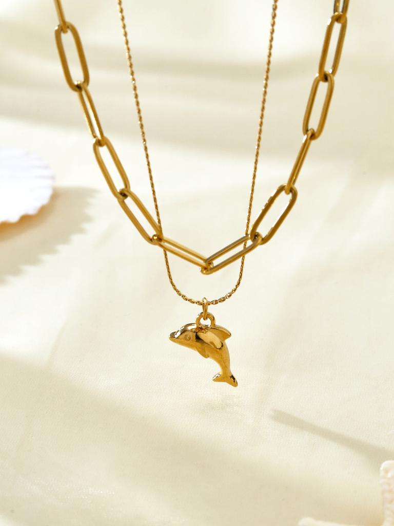 Summer Beach Fashion Simple Cold Wind Stainless Steel 18K Gold Plated Dolphin Pendant Double Necklace For Men And Women