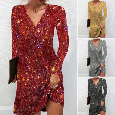 Damen-Kleid, V-Ausschnitt, lange Ärmel, glänzende Pailletten, lockere A-Linie, einfarbig, weich, atmungsaktiv, Pullover, elastisch, über dem Knie, Länge, Party, Club, Minikleid