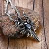 Punk Gothic Sword Womens Ancient Silver-color Evil Dragon Gem Pendant Necklace Personalized Fashion Street Sweater Chain