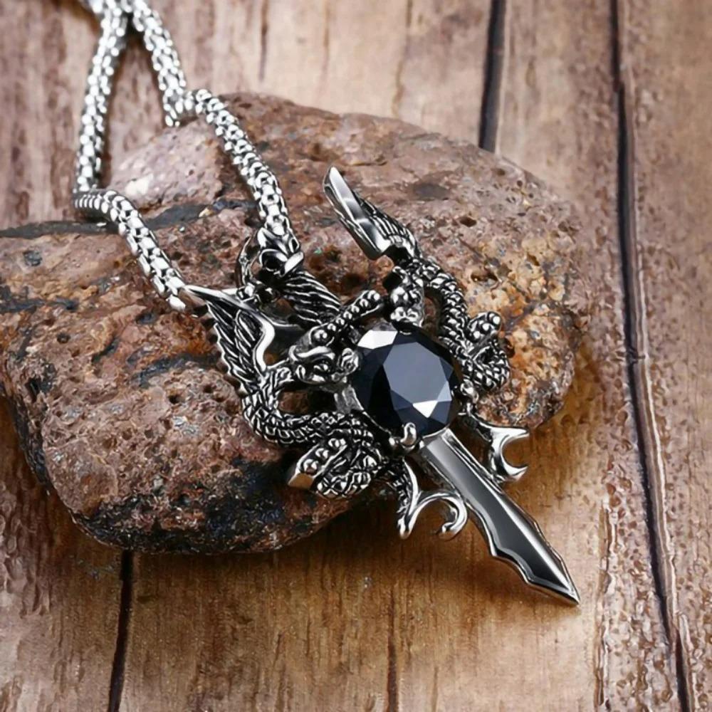 Punk Gothic Sword Womens Ancient Silver-color Evil Dragon Gem Pendant Necklace Personalized Fashion Street Sweater Chain