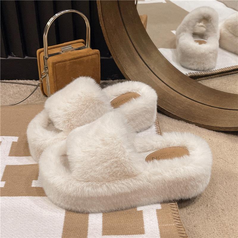Internet Celebrity One-word Fluffy Slippers Women 2025 Autumn and Winter New Popular Versatile Thick Bottom Heightening Plush Cotton Drag Outside Wear