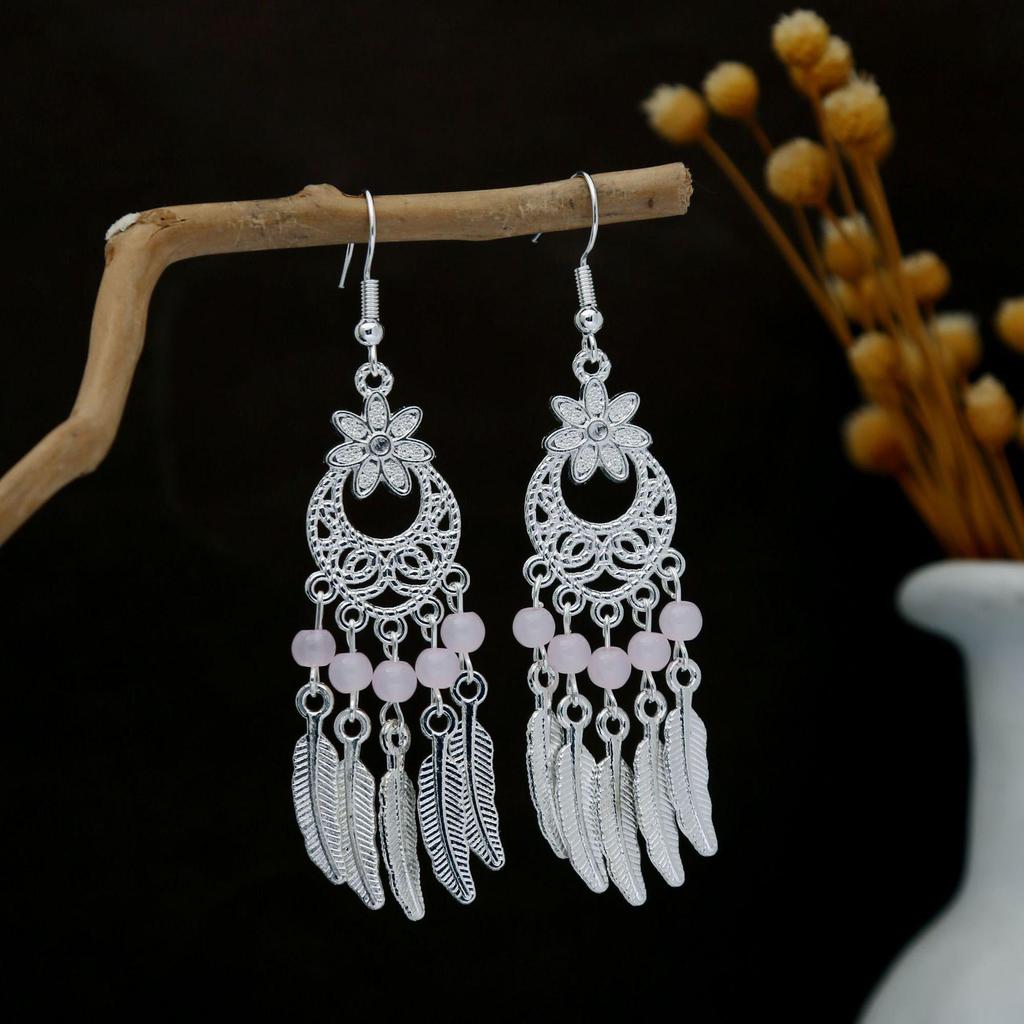Personalized Bohemian Miao Silver Geometric Tassel Earrings