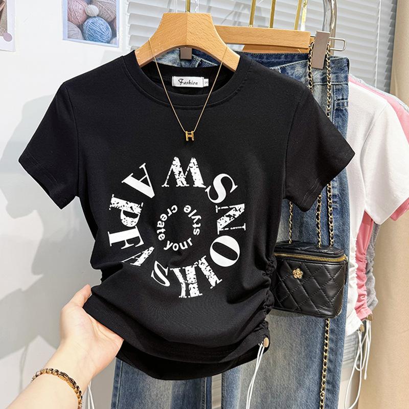 White Letter Short-sleeved T-shirt Women's Summer Design Sense Drawstring Front Shoulder Short Half-sleeved Korean Version Foreign Style Top