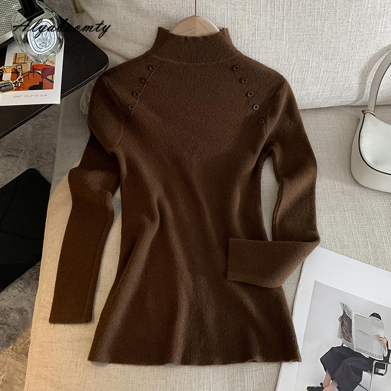 Autumn Winter Women Basic Simple Sweater Half High Collar White Black Brown Knitting Pullover Long Sleeve Ladies' Knitted Top