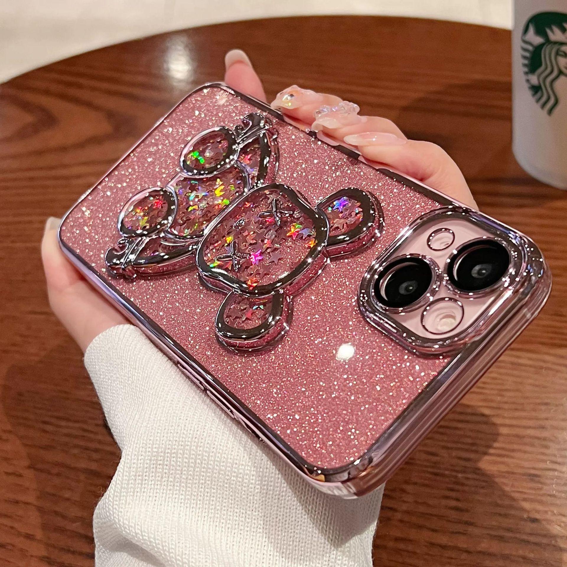 

Подходит для iPhone16 Блестящий чехол для телефона, Медведь-насильник с перетекающим песком, Apple 15ProMax Гальванизированный Защитный чехол с полной крышкой 14 iPhone7P/8P розовый