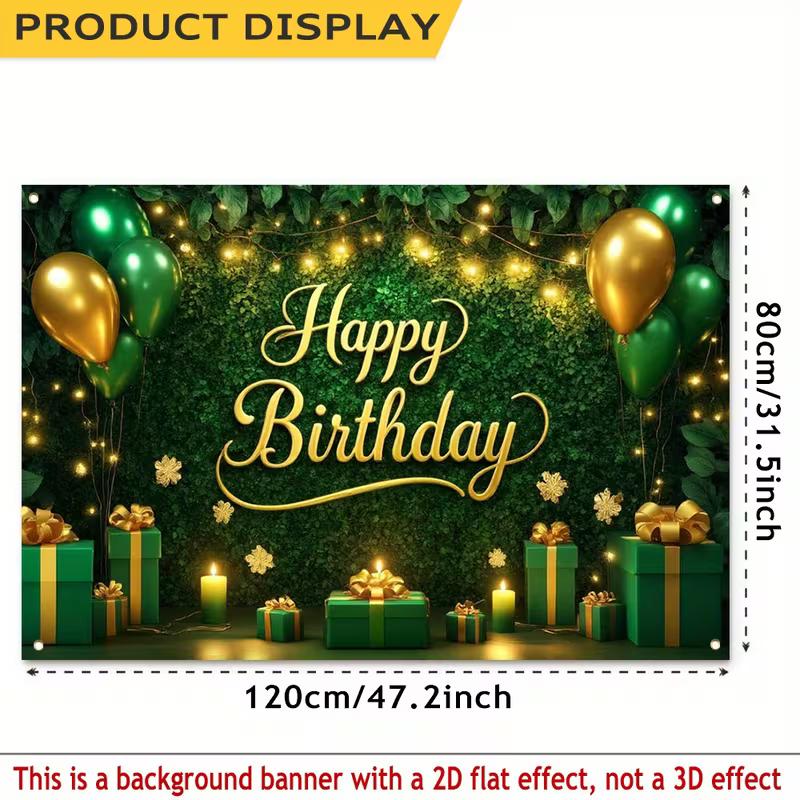 2D "Happy Birthday" Greenery Backdrop, Gold Text with Balloon & Gift Box Photography Background