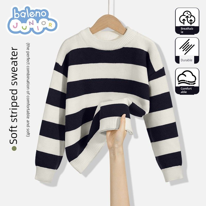 Baleno Kids Boys  Sweater 2025 New Style Super Cute Boys  Knitwear Autumn and Winter Children s Striped Top Blue and White#Solid Color 160