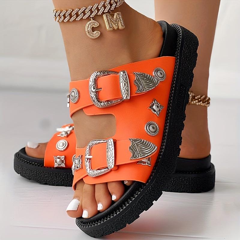 Women's Solid Color Platform Sandals, Double Buckle Design Straps Slip On Thick Bottom Slides Shoes, Summer Comfy Footwear