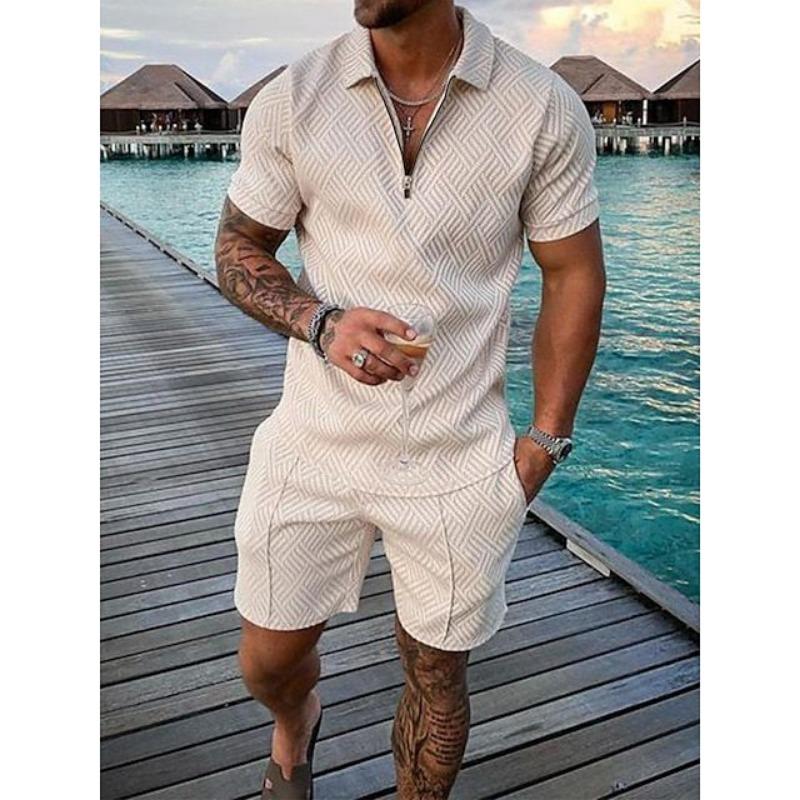 

Men s Black White Gradient Hexagon Print Polo Shirt Shorts Set Casual Beach Outfit S