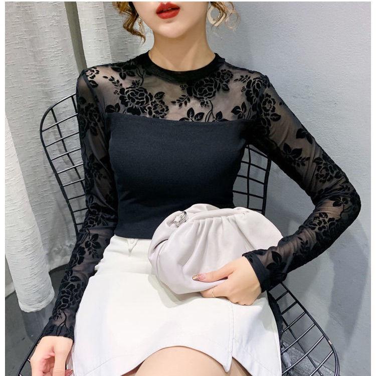 

Круглый вырез горловины сетчатая лоскутная рубашка солнцезащитная основа с длинными рукавами кружевная облегающая футболка XL