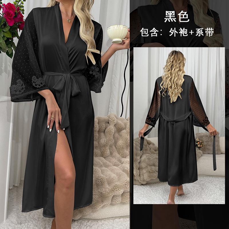 Sexy saténové pyžamo z umělého hedvábí na jaro/léto, svatební noční košile s krajkou, prodloužený ranní župan