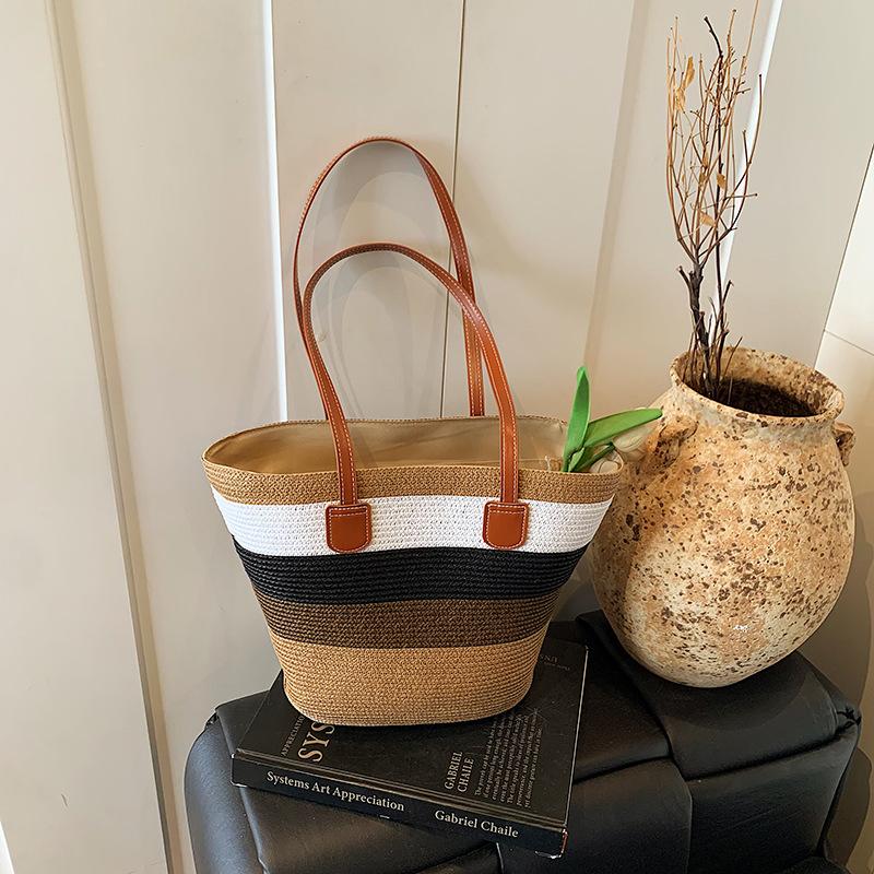 Niche Striped Woven Big Bag Women's New Commuter Versatile Straw Woven Tote Bag Seaside Beach Bag