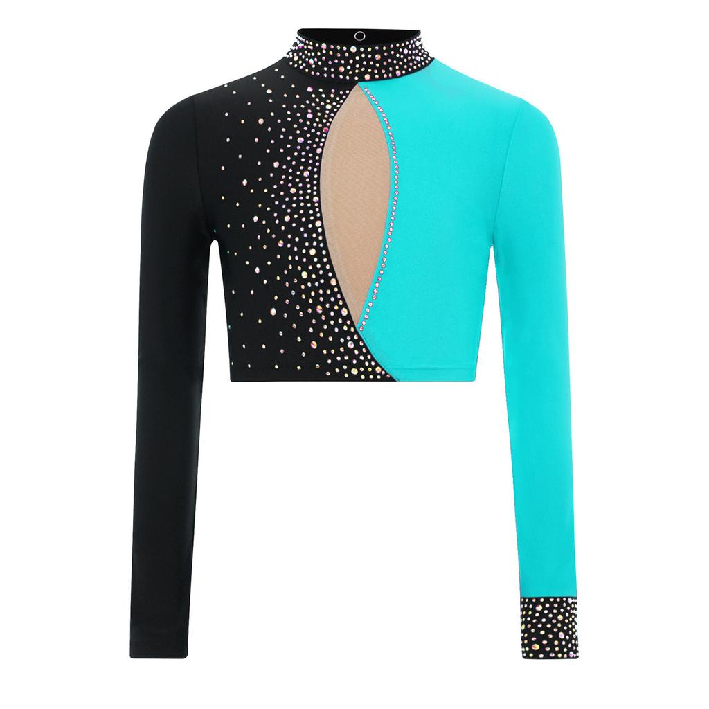 Jenter Kunstløp Topp Glitrende Rhinsteiner Fargeblokk Design Nøkkelhullrygg Cropp Topp