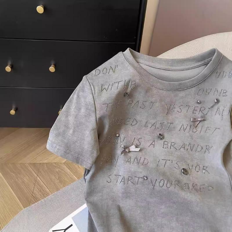 Chic Short-sleeved T-shirt for Women Summer New Style Right-shoulder Slim-fitting High-end Round Neck Right-shoulder Top