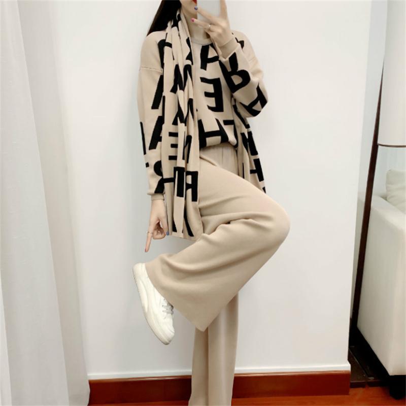 Knitted Suit Women'S Autumn And Winter Casual Fashion Temperament Scarf Sweater Wide Leg Pants Three Piece Set
