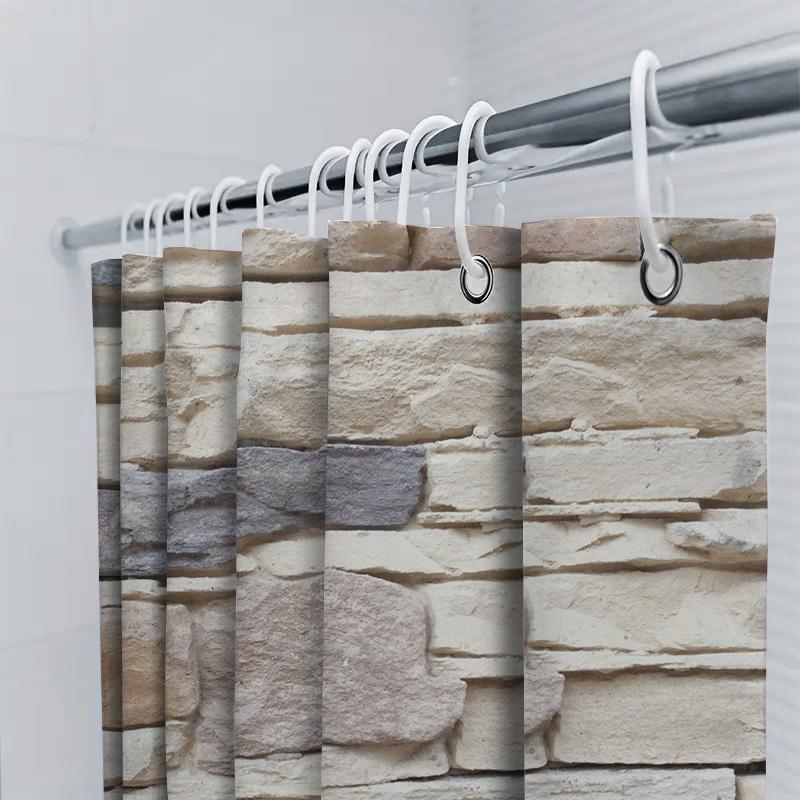 Stone Wall Print Shower Curtain Waterproof Bathroom Decor Waterproof Fabric Decorative Bath Mat Set Home Decor (White)