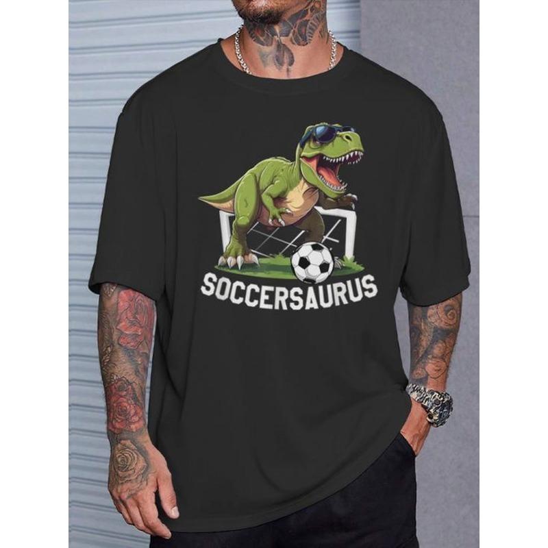 European Size T-Rex Football Pattern Printed T-shirt, Round Neck Short Sleeved Men s T-shirt, Breathable Casual Sports Top, Preferred Holiday Gift S