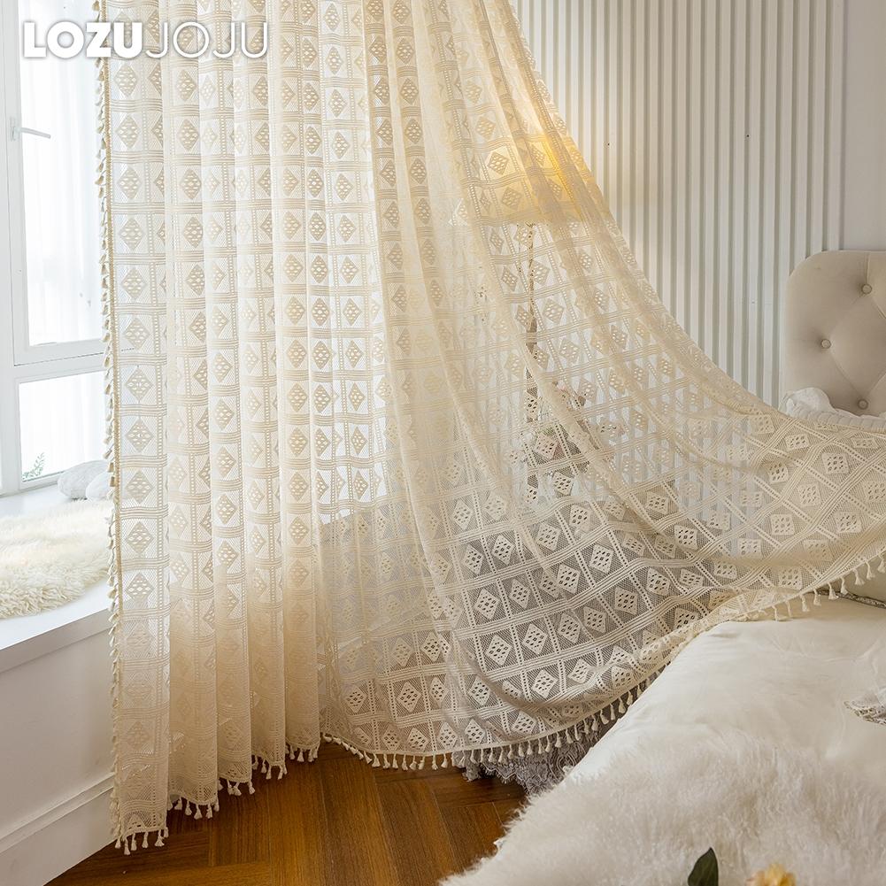 1PC LOZUJOJU 10-20% Blackout French Retro Solid Color Hollow Square Grid Fringe Curtain for Living Room Bedroom Balcony Home Decor