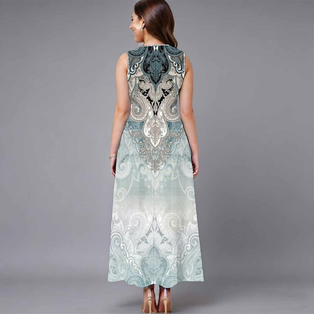 Women Plus Size Sleeveless Crew Neck Dress Graceful Small Floral Printed Flowy Calf Length Gown