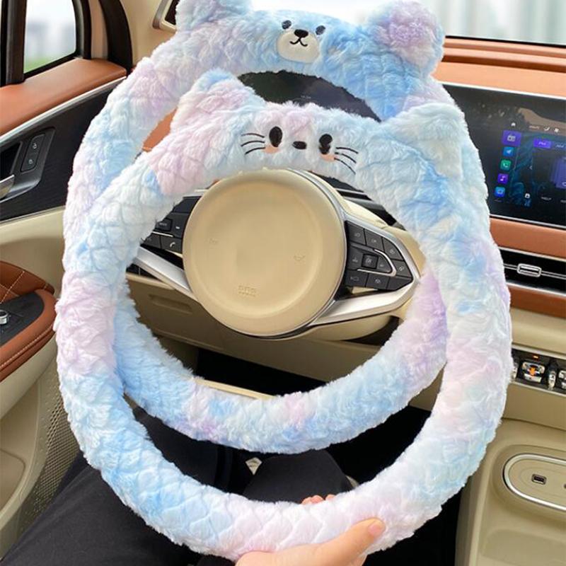 Winter Plush Women's Car Steering Wheel Cover Heated Warm Anti Slip Cute Cartoon Car Handle Cover Universal Car Accessories