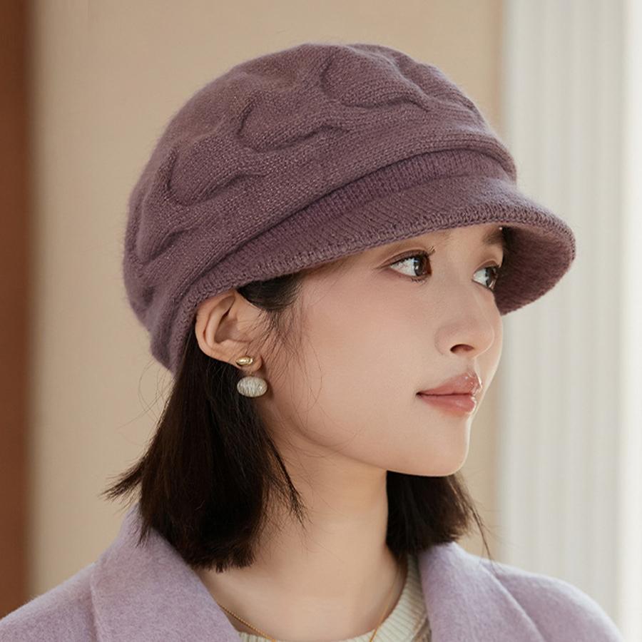 

Вязаная шапка женская толстая шапка из меха кролика зимняя твист защита ушей для мам фиолетовый