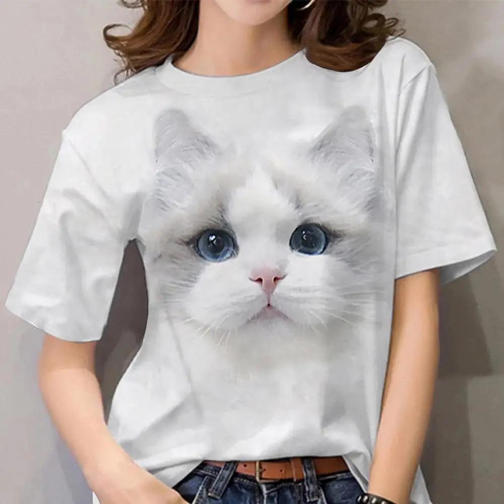 Women's Cat Print T-Shirt, Cute Short-Sleeve Summer Top, Breathable Casual