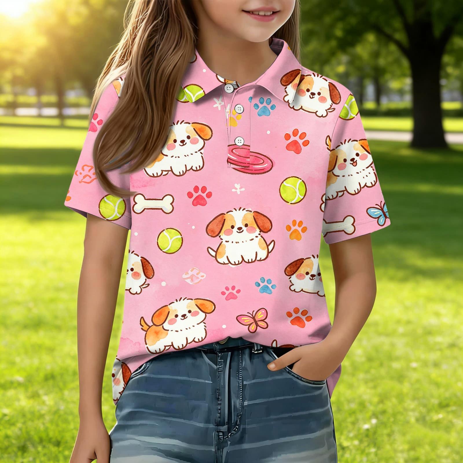 

Kids Short Sleeve Polo Shirt Animal Print Casual Top Lightweight Breathable Comfortable Fit Soft Fabric for Everyday Wear 160 розовый