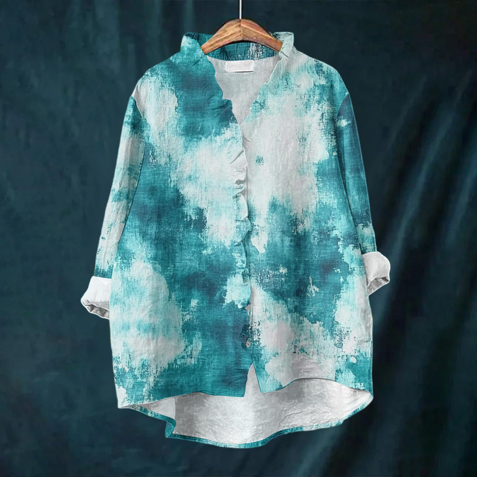 

Женский свободный топ с оборками, цветочным принтом, воротником-стойкой и длинными рукавами из хлопка и льна XXL циан