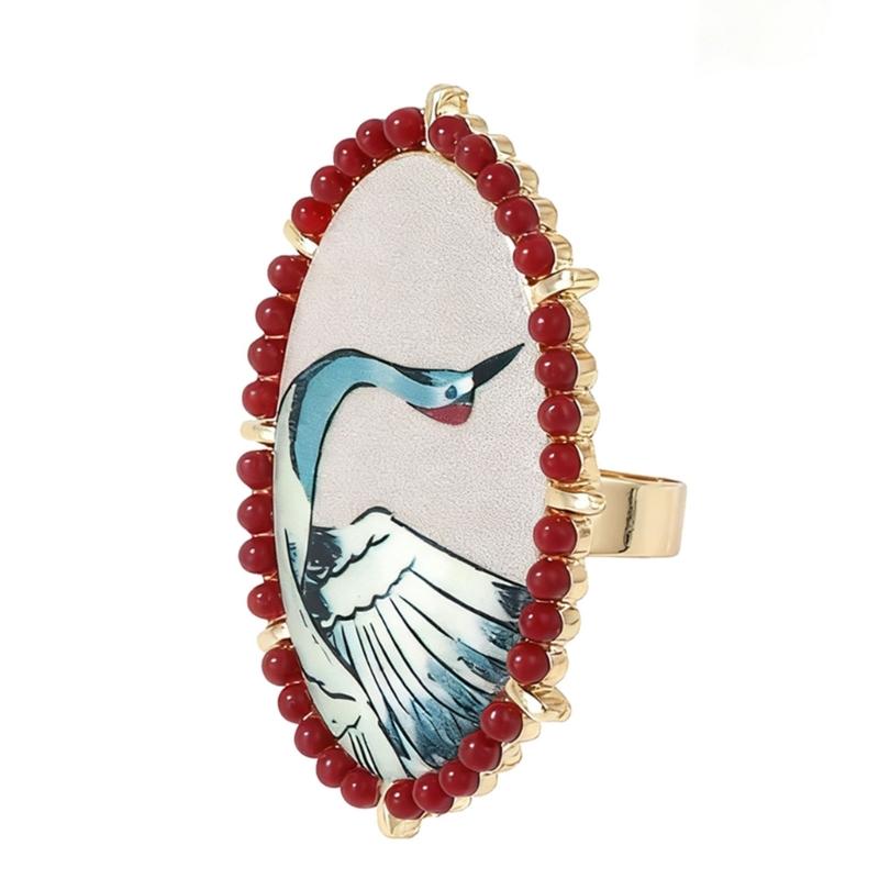 Vintage Exaggerated Oval Floral Bird Print Ring Unique Retro Art Designs Fashion Jewelry For Women And Girls