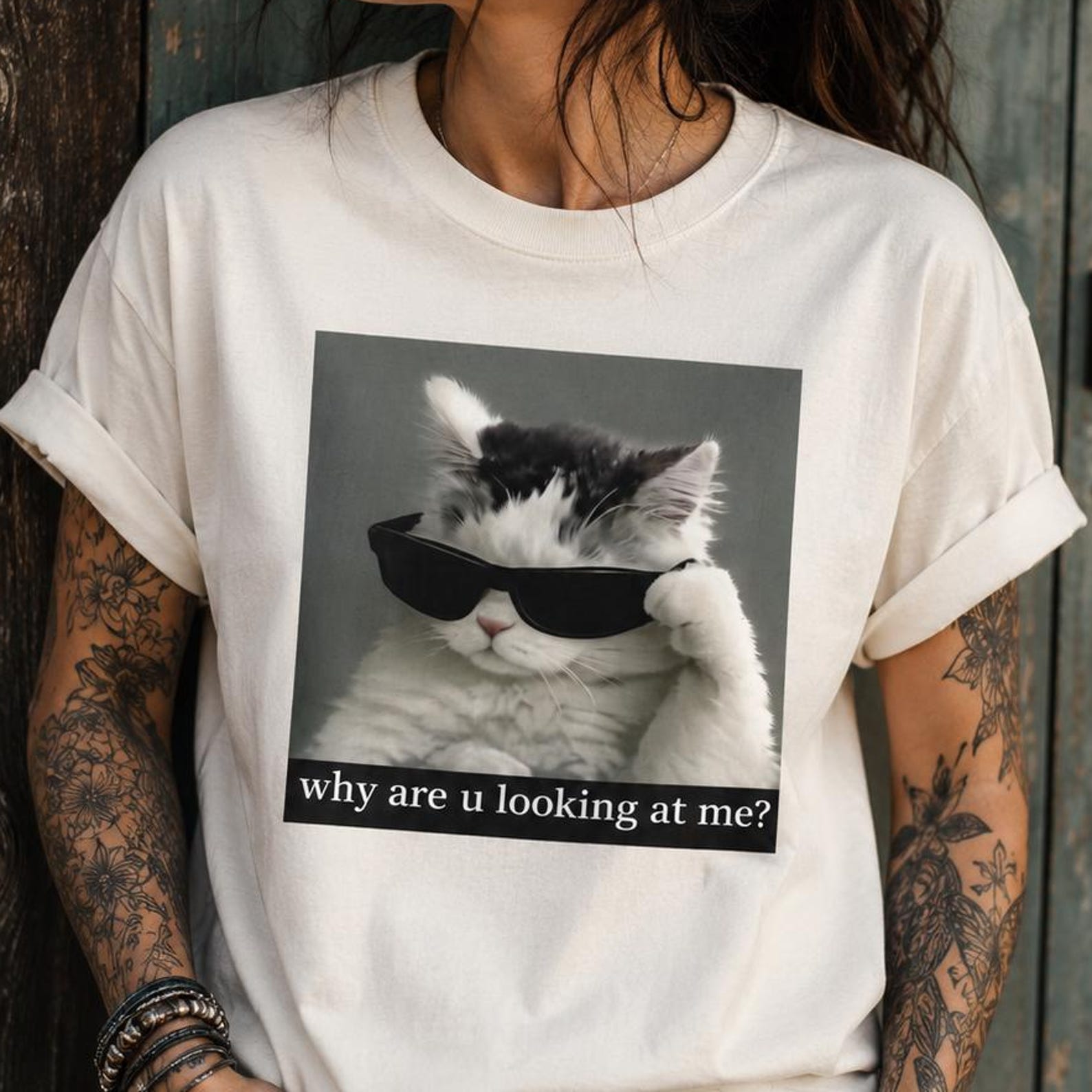 Cool Cat with Sunglasses why are u looking at me T-shirt | Funny Cat Tee 3XL