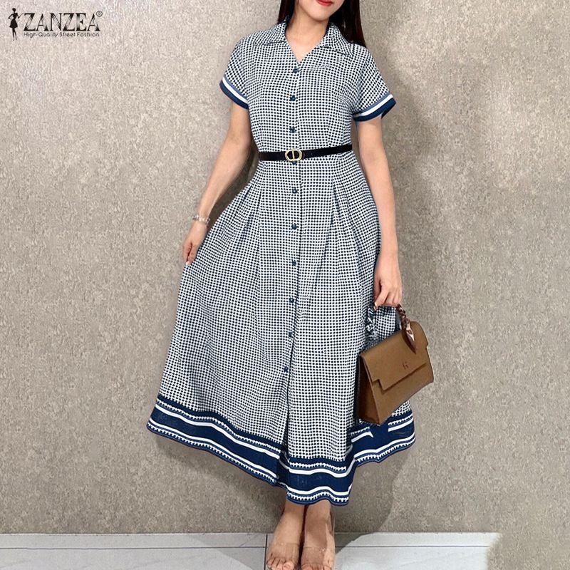 ZANZEA Women Turn Down Collar Summer Casual Short Sleeve Dress