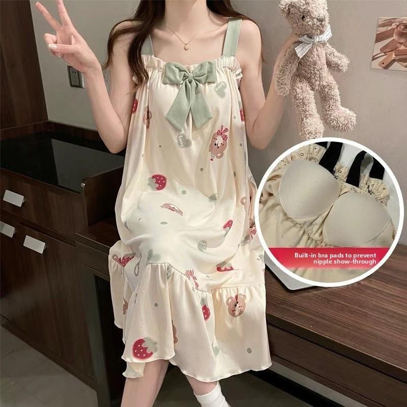 Summer Girls Sleeveless Nightgown With Comfortable Milk Silk And Flower Pattern For Lounge
