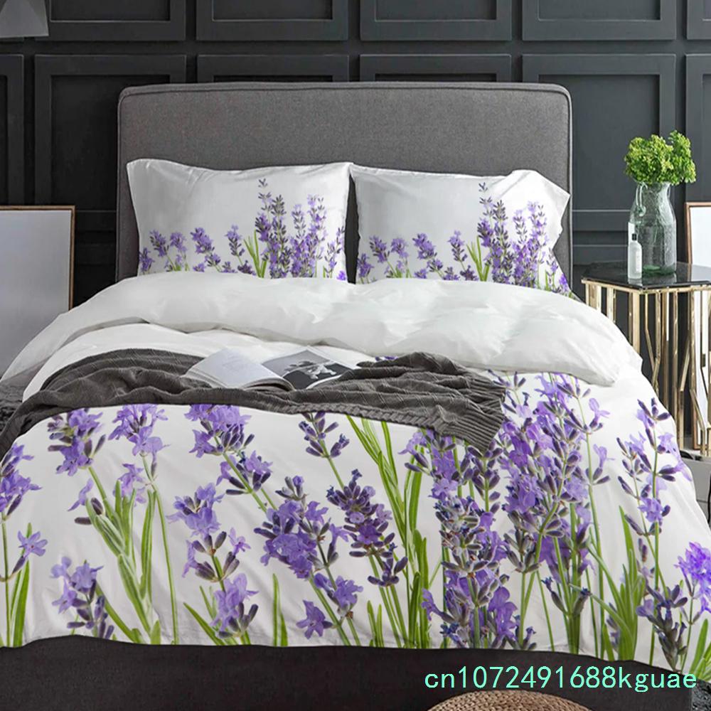 Purple Flower Lavender White Duvet Cover With Pillow Case Custom 3pcs Bedding Set Quilt Cover Double Bed Home Textile