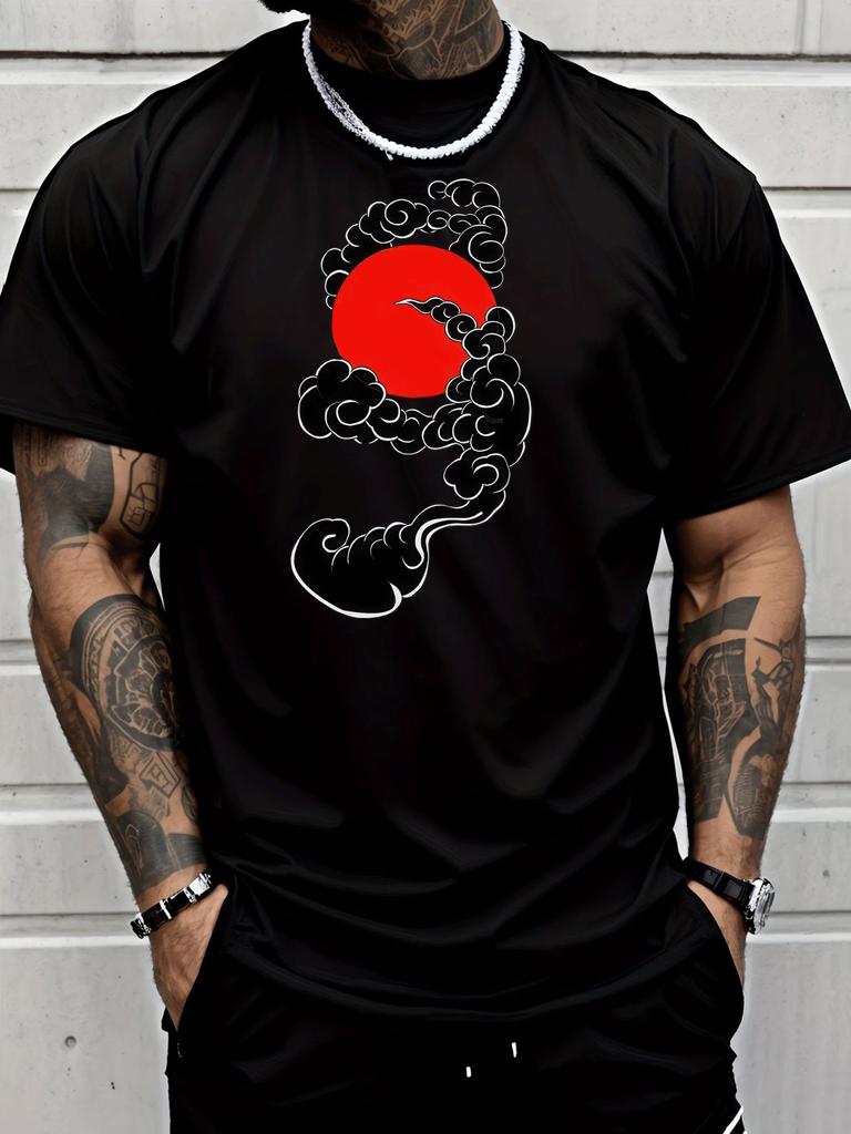 Unisex White Crew Neck Tee Oriental Cloud Red Sun Art Print Loose Oversized Short Sleeve Unisexs Summer Streetwear Casual Basic Top