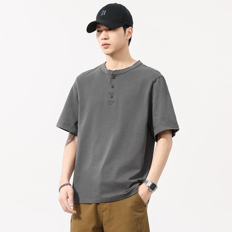 Retro Henry Neck Shirt Men's Short-sleeved T-shirt Summer Trendy Loose Large-size Pure Cotton Shirt