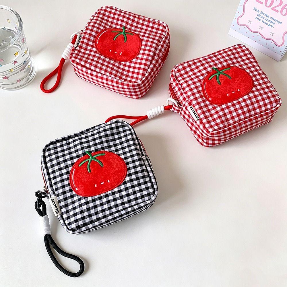 Tomato Plaid Small Makeup Bag Square Mini Organizer Bag  CCD Camera Sanitary Napkin Lipstick