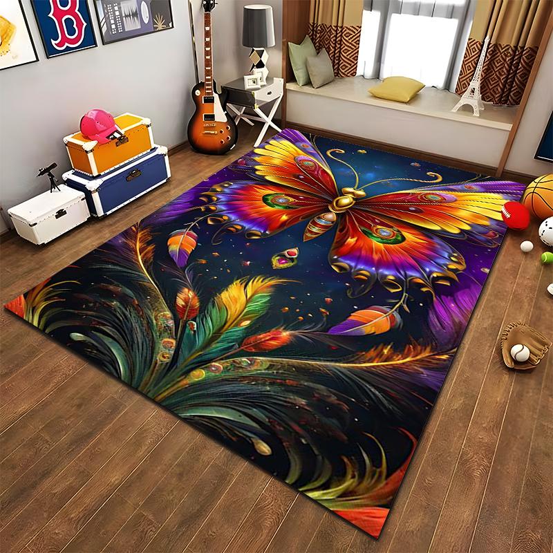 Colorful Butterfly Carpet with Peacocks and Feathery Design Pattern Suitable for use as an anti-slip for living room bedroom sofas