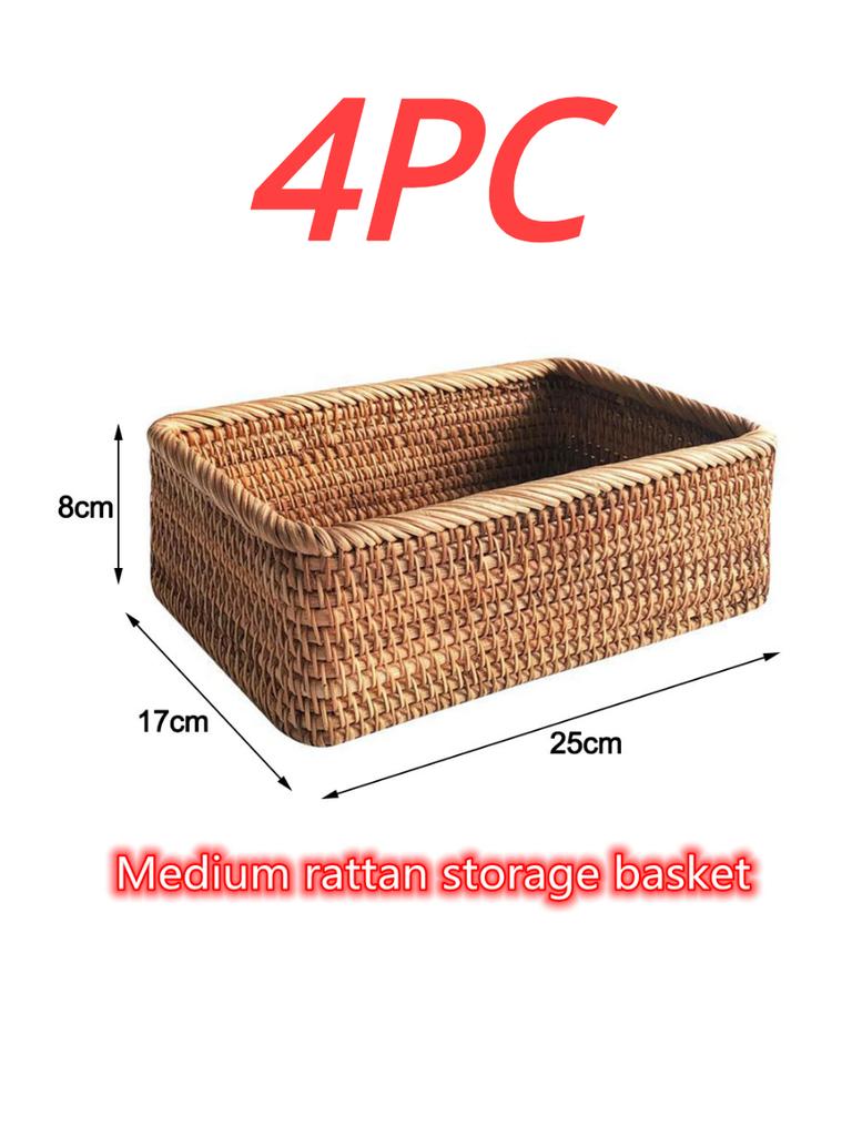 Handwoven Rectangular Rattan Wicker Basket Fruit Tea Snack Bread Picnic Cosmetic Storage Box Kitchen Supplies Household Tools
