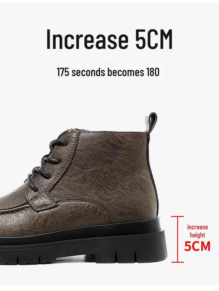 Men's Cowhide Lace-up Martin Boots - Winter Thick Sole, Outdoor Casual, Height-increasing Mid-top Work Shoes