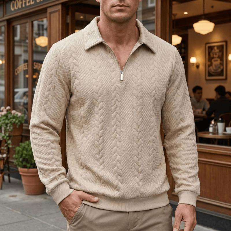 Men's Cable Knit Textured Half-Zip Polo Collar Sweater