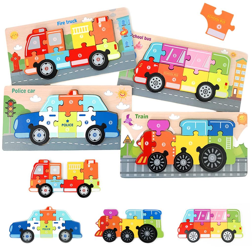 CORPER TOYS Wooden Shape-Matching Puzzle, Flat Type, Fire Engine, Police Car, Vehicle Jigsaw Puzzle, 4-Piece Set, Wooden Toy, Christmas Gift
