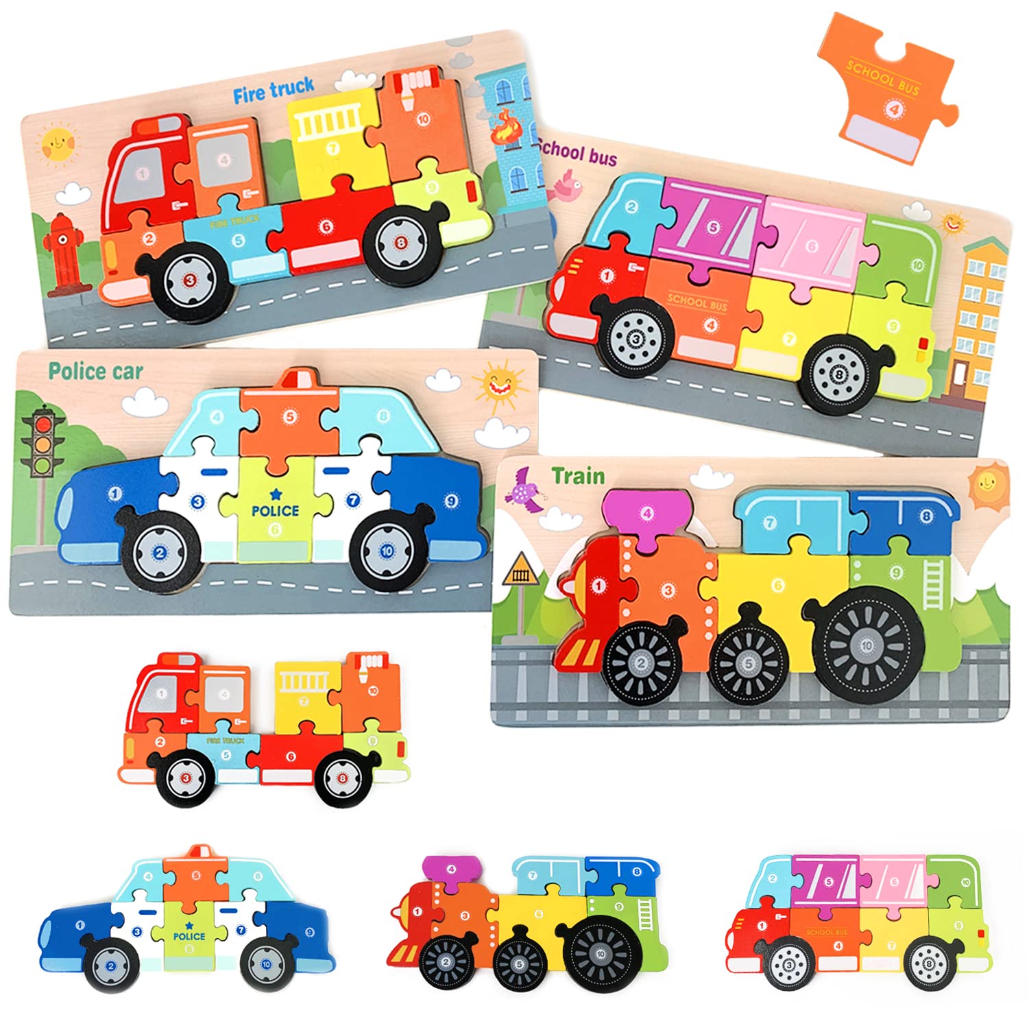 CORPER TOYS Деревянная головоломка, Головоломка на сопоставление форм, Плоская головоломка, Пожарная машина, Полицейская машина, Транспорт, Пазл, 4 детали, Деревянная игрушка, Рождественский Г
