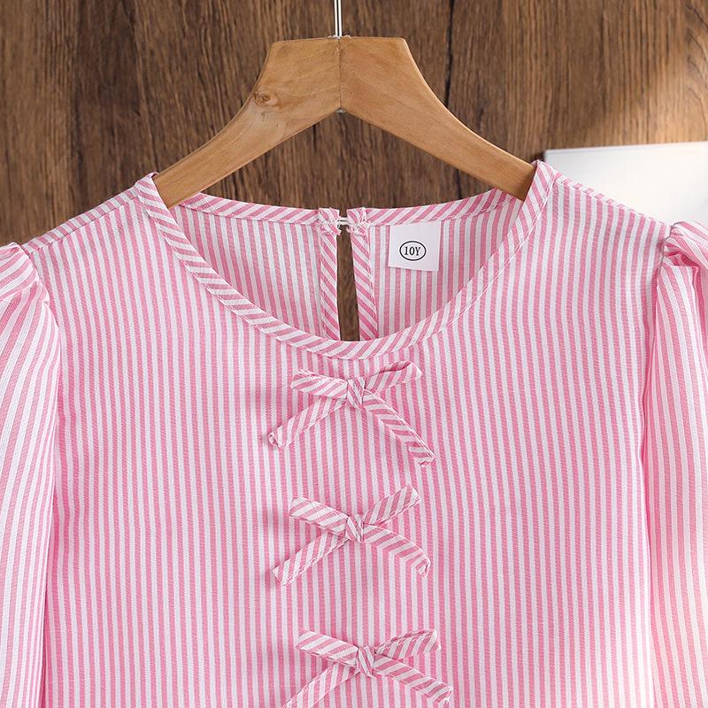 Mädchenmode-Set Herbst Kinder Freizeit Fliege mit Rüschenkanten, Puppenoberteil, Gestreifte Weitbein-Hose